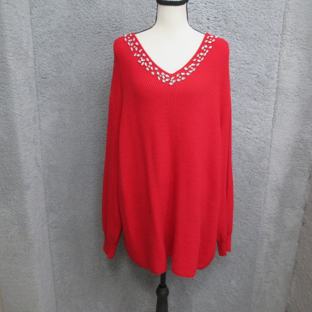 Rafaella Embellished Sweater Women 2X Red Rhinestone VNeck Holiday Glam Sparkle